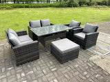 Fimous 7 Seater High Back Dark Grey Mixed Rattan Sofa Dining Table Set Garden Furniture Love Sofa Arm Chair