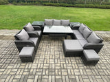 Fimous Outdoor Garden Patio Furniture Wicker Rattan Oblong Rectangular Dining Table and Lounge Sofa set with Adjustable Chair 2 Side Tables 3 Footstool Dark Grey Mixed