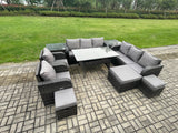 Fimous Outdoor Garden Patio Furniture Wicker Rattan Oblong Rectangular Dining Table and Lounge Sofa set with Adjustable Chair 2 Side Tables 3 Footstool Dark Grey Mixed
