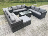 Fimous Outdoor Rattan Garden Furniture Lounge Sofa Set With Oblong Rectagular Coffee Table Big Footstool and 2 Small Stools Side Table