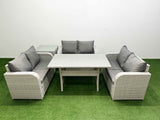 Fimous  6 Seater PE Wicker Rattan Furniture Sofa Sets with Rectangular Dining Table 2 Seater Love Sofa Side Table Light Grey