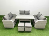 Fimous  8 Seater PE Wicker Rattan Furniture Sofa Sets with Rectangular Dining Table 2 Seater Love Sofa 2 Stool Light Grey