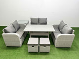 Fimous  8 Seater PE Wicker Rattan Furniture Sofa Sets with Rectangular Dining Table 2 Seater Love Sofa 2 Stool Side Table Light Grey