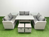 Fimous  8 Seater PE Wicker Rattan Furniture Sofa Sets with Rectangular Dining Table 2 Seater Love Sofa 2 Stool 2 Side Table Light Grey