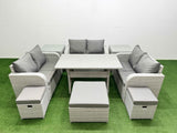 Fimous  9 Seater PE Wicker Rattan Furniture Sofa Sets with Rectangular Dining Table 2 Seater Love Sofa 3 Stool 2 Side Table Light Grey