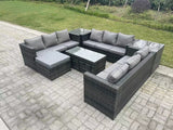 Fimous Outdoor Rattan Garden Furniture Lounge Sofa Set With Oblong Rectagular Coffee Table Big Footstool and 2 Small Stools 2 Side Table