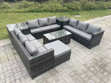 Fimous Outdoor Rattan Garden Furniture Lounge Sofa Set With Oblong Rectagular Coffee Table Big Footstool and 2 Small Stools 2 Side Table