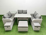 Fimous  9 Seater PE Wicker Rattan Furniture Sofa Sets with Rectangular Dining Table 2 Seater Love Sofa 3 Stool Side Table Light Grey