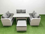 Fimous  7 Seater PE Wicker Rattan Furniture Sofa Sets with Rectangular Dining Table 2 Seater Love Sofa Big Footstool Light Grey