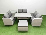Fimous  7 Seater PE Wicker Rattan Furniture Sofa Sets with Rectangular Dining Table 2 Seater Love Sofa Big Footstool Side Table Light Grey