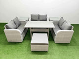 Fimous  7 Seater PE Wicker Rattan Furniture Sofa Sets with Rectangular Dining Table 2 Seater Love Sofa Big Footstool 2 Side Table Light Grey