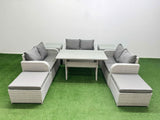 Fimous  8 Seater PE Wicker Rattan Furniture Sofa Sets with Rectangular Dining Table 2 Seater Love Sofa 2 Big Footstool 2 Side Table Light Grey