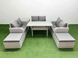 Fimous  8 Seater PE Wicker Rattan Furniture Sofa Sets with Rectangular Dining Table 2 Seater Love Sofa 2 Big Footstool Side Table Light Grey