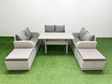 Fimous  8 Seater PE Wicker Rattan Furniture Sofa Sets with Rectangular Dining Table 2 Seater Love Sofa 2 Big Footstool Light Grey
