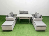 Fimous  8 Seater PE Wicker Rattan Furniture Sofa Sets with Rectangular Dining Table 2 Seater Love Sofa 2 Big Footstool Light Grey
