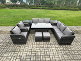 Fimous Outdoor Garden Patio Furniture Wicker Rattan Oblong Rectangular Dining Table and Lounge Sofa set with Adjustable Chair 2 Side Tables 2 Small Footstools Dark Grey Mixed
