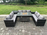Fimous 9 Seater Rattan Garden Furniture Sofa Set Outdoor Patio Gas Fire Pit Dining Table Gas Heater Burner With Side Table Dark Grey Mixed