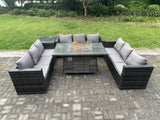Fimous 9 Seater Rattan Garden Furniture Sofa Set Outdoor Patio Gas Fire Pit Dining Table Gas Heater Burner With Side Table Dark Grey Mixed