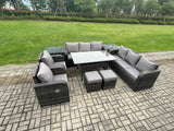 Fimous Outdoor Garden Patio Furniture Wicker Rattan Oblong Rectangular Dining Table and Lounge Sofa set with Adjustable Chair 2 Side Tables 2 Small Footstools Dark Grey Mixed