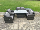 Fimous Rattan Furniture Outdoor Garden Dining Set Patio Height Adjustable Rising lifting Table Love Sofa Chair With Side Table