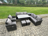 Fimous Outdoor Garden Patio Furniture Wicker Rattan Oblong Rectangular Dining Table and Lounge Sofa set with Side Table 2 Small Footstool Dark Grey Mixed