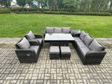 Fimous Outdoor Garden Patio Furniture Wicker Rattan Oblong Rectangular Dining Table and Lounge Sofa set with Side Table 2 Small Footstool Dark Grey Mixed