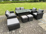Fimous 9 Seater Dark Grey Mixed High Back Rattan Sofa Set Dining Table Garden Furniture Outdoor With Arm Chair Love Seat