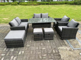 Fimous 9 Seater Dark Grey Mixed High Back Rattan Sofa Set Dining Table Garden Furniture Outdoor With Arm Chair Love Seat