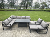 Fimous Aluminium Garden Furniture Sets,10 Seater Outdoor Conversational Dining Set with Adjustable Rising Lifting Dining Table,2 Big Footstools Dark Grey