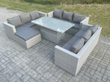 Fimous Light Grey U Shape Lounge Rattan Garden Furniture Set Adjustable Rising Lifting Table Dining Set Footstool