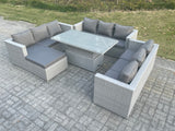 Fimous Light Grey U Shape Lounge Rattan Garden Furniture Set Adjustable Rising Lifting Table Dining Set Footstool