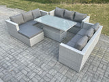 Fimous Light Grey U Shape Lounge Rattan Garden Furniture Set Adjustable Rising Lifting Table Dining Set Footstool