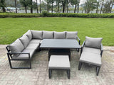 Fimous Aluminium Garden Furniture Sets,9 Seater Outdoor Conversational Dining Set with Adjustable Rising Lifting Dining Table,2 Big Footstools Dark Grey