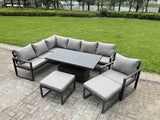 Fimous Aluminium Garden Furniture Sets,9 Seater Outdoor Conversational Dining Set with Adjustable Rising Lifting Dining Table,2 Big Footstools Dark Grey