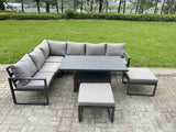 Fimous Aluminium Garden Furniture Sets,8 Seater Outdoor Conversational Dining Set with Adjustable Rising Lifting Dining Table,2 Big Footstools Dark Grey