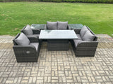 Fimous Outdoor Rattan Garden Furniture Set Patio Height Adjustable Rising lifting Dining Table Love Sofa With 2 Side Tables