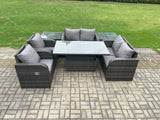Fimous Outdoor Rattan Garden Furniture Set Patio Height Adjustable Rising lifting Dining Table Love Sofa With 2 Side Tables