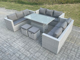 Fimous Light Grey U Shape Lounge Rattan Garden Furniture Set Adjustable Rising Lifting Table Dining Set 2 Stools