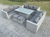 Fimous Light Grey U Shape Lounge Rattan Garden Furniture Set Adjustable Rising Lifting Table Dining Set 2 Stools