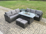 Fimous Rattan Garden Furniture Set with Fire Pit Table 8 Seater Outdoor Patio Lounge Sofa Set Dark Grey Mixed