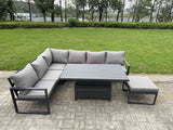Fimous Aluminium Garden Furniture Sets,7 Seater Outdoor Conversational Dining Set with Adjustable Rising Lifting Dining Table Cushions for Yard,Poolside, Patio, Dark Grey