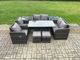 Fimous Wicker PE Rattan Furniture Garden Dining Set Outdoor Height Adjustable Rising lifting Table Love Sofa Chair With 2 Side Table Stools