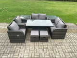 Fimous Wicker PE Rattan Furniture Garden Dining Set Outdoor Height Adjustable Rising lifting Table Love Sofa Chair With 2 Side Table Stools
