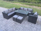 Fimous Outdoor Lounge Sofa Garden Furniture Set Rattan Rectangular Dining Table Patio Chair with 2 Small Footstool 9 Seater Dark Grey Mixed