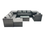 Fimous Rattan Garden Furniture Dining Set 8 seater Patio Coffee Table Sofa Set with Big Stool 2 Side Tables Dark Grey Mixed