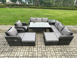 Fimous 10 Seater Rattan Garden Furniture Set Oblong Rectangular Dining Table and Chairs Set with 3 Seater Sofa 2 Big Footstool Side Table Dark Grey Mixed