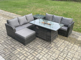 Fimous Garden Patio Furniture Wicker Rattan Gas Fire Pit Table and Sofa set with Side Table Big Footstool