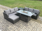 Fimous Garden Patio Furniture Wicker Rattan Gas Fire Pit Table and Sofa set with Side Table Big Footstool