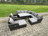 Fimous 10 Seater Rattan Garden Furniture Set Oblong Rectangular Dining Table and Chairs Set with 3 Seater Sofa 2 Big Footstool Side Table Dark Grey Mixed