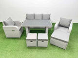 Fimous Outdoor Rattan Garden Furniture Dining Set 8 seater Patio Rectangular Table 3 Seater Sofa Reclining Chair Set with 3 Stools
